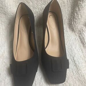 C Comfort synthetic black suede slipon heel square toe front buckle accent SZ12W
